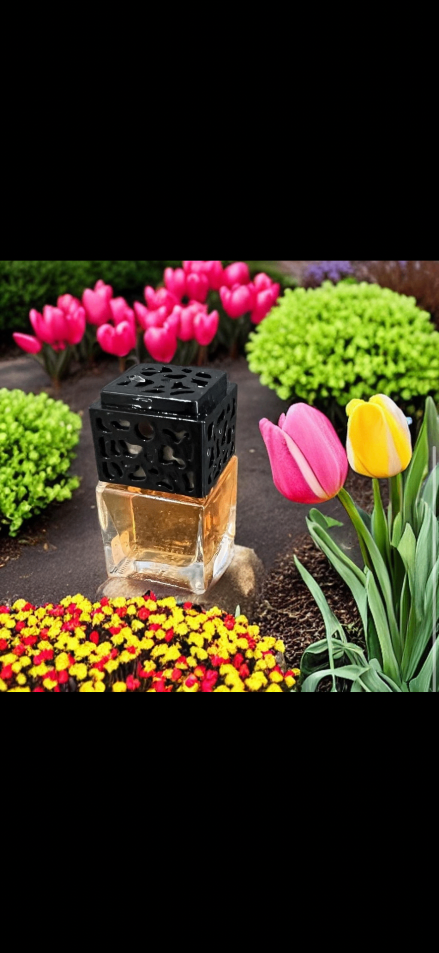 Car diffuser bottle with ornate black cap among spring flowers