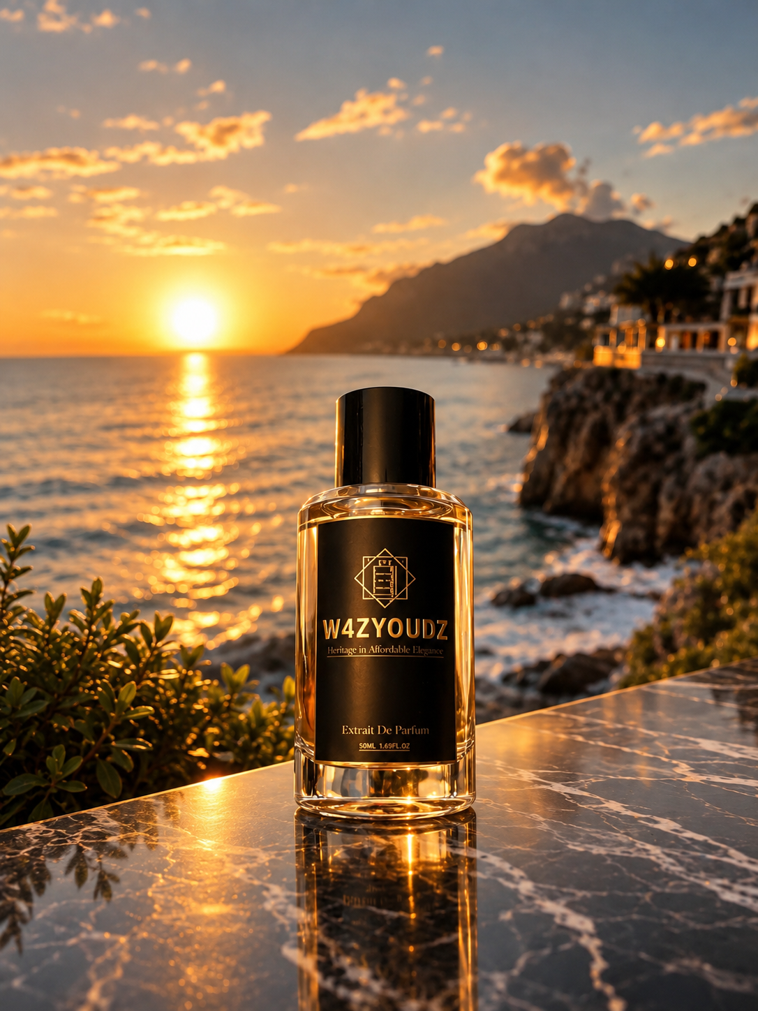 50ml W4ZYOUDZ Extrait De Parfum spray bottle at sunset by the sea