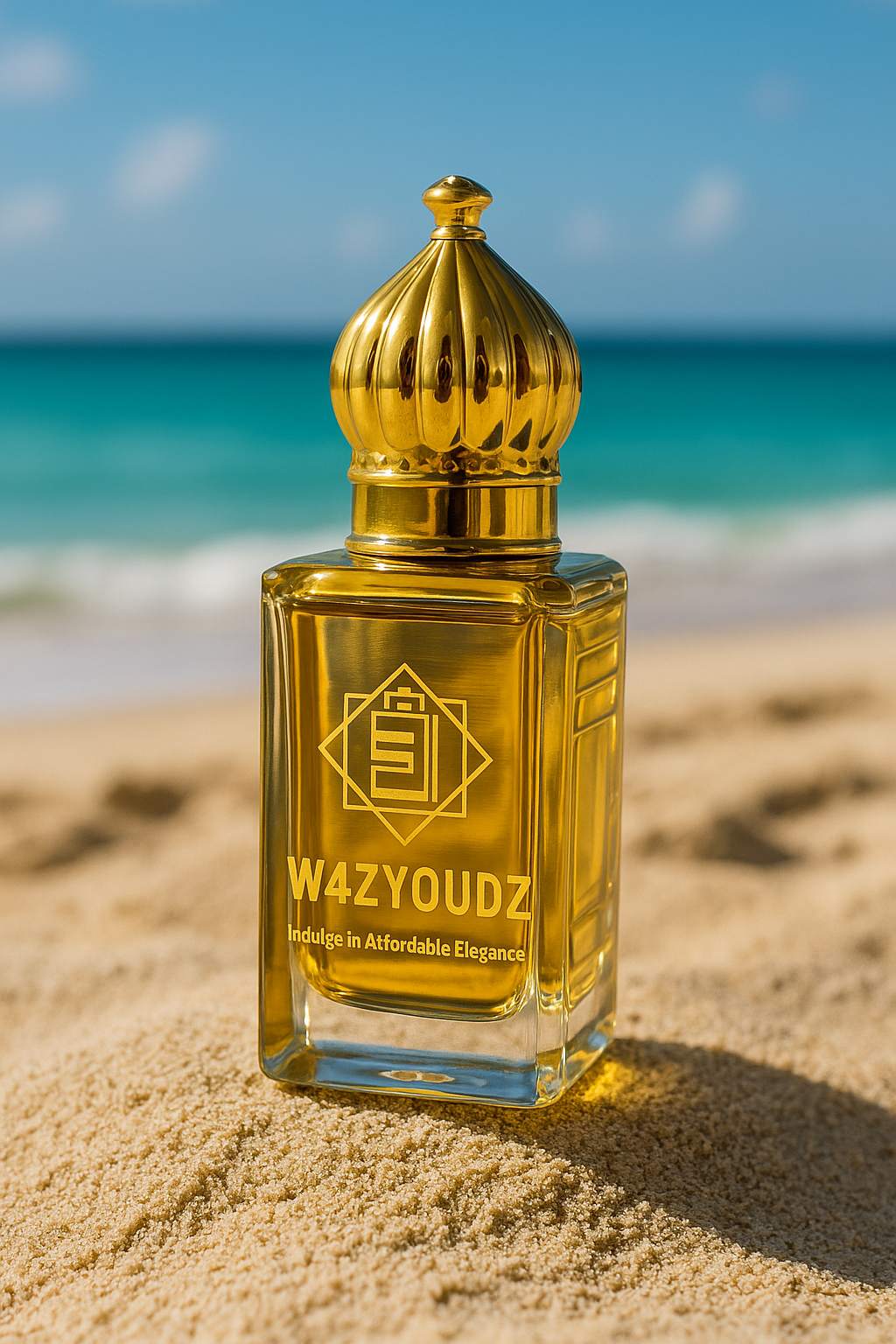 W4ZYOUDZUK gold extrait de parfum bottle on sand